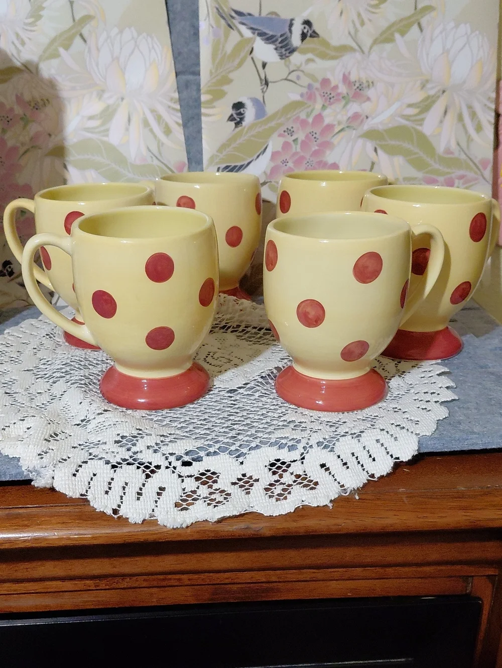 Set of 6 Yellow Ceramic Footed Mugs with Red Polka Dots
